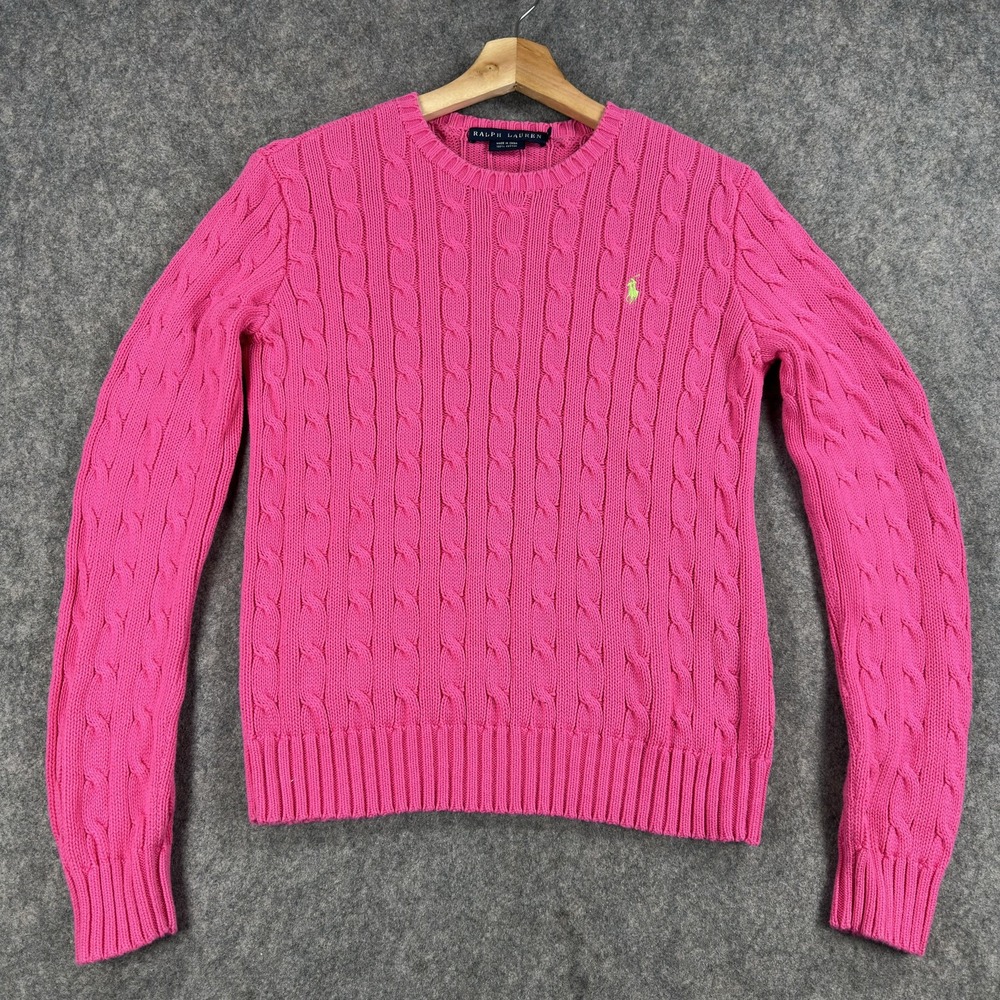 Ralph Lauren Sweater Womens Small Pink 100% Cotton Cable Knit Crewneck Old Money